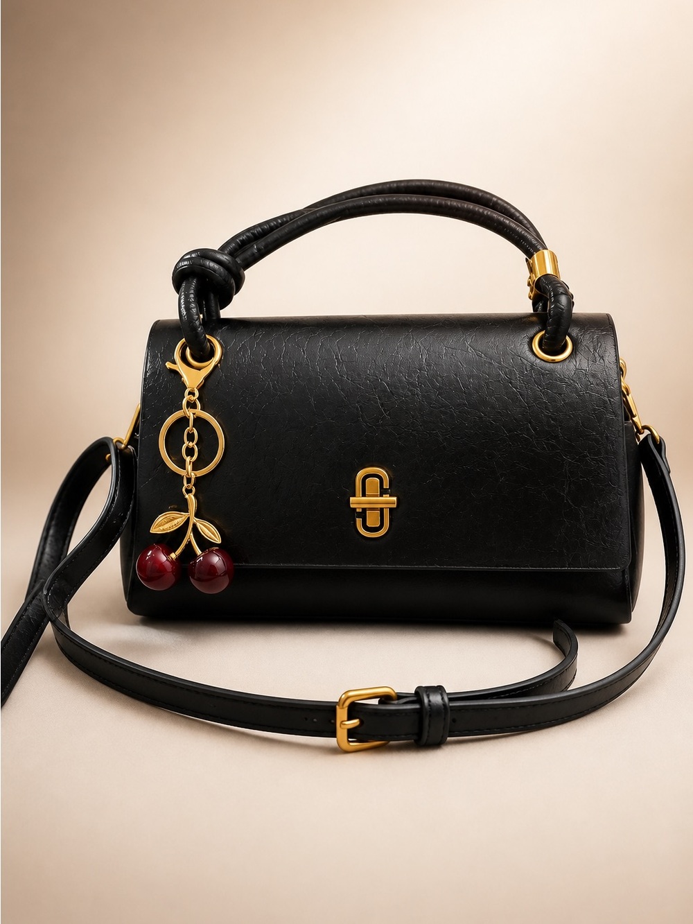 Black Medium Crossbody & Handheld Bag with Gold Cherry Charm - Picture 2 of 6